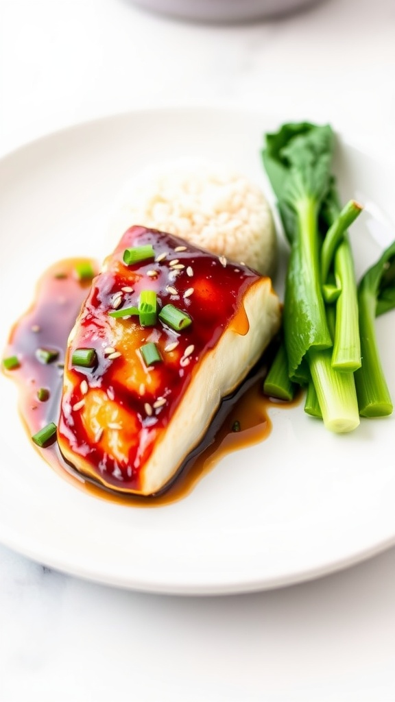 Miso glazed cod fillet on a plate, garnished with sesame seeds and green onions, alongside rice and bok choy.